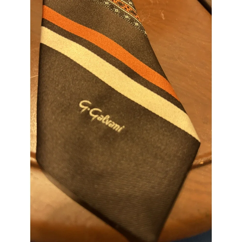 G Galvani Neck Tie Brown Orange‎ Geometric Striped Polyester Vintage
